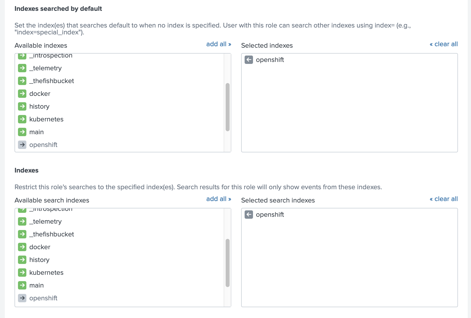 Splunk User Role - Default indexes