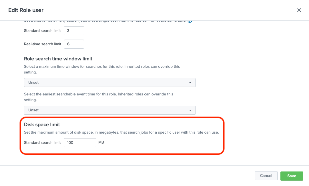 Splunk Role Disk Limit