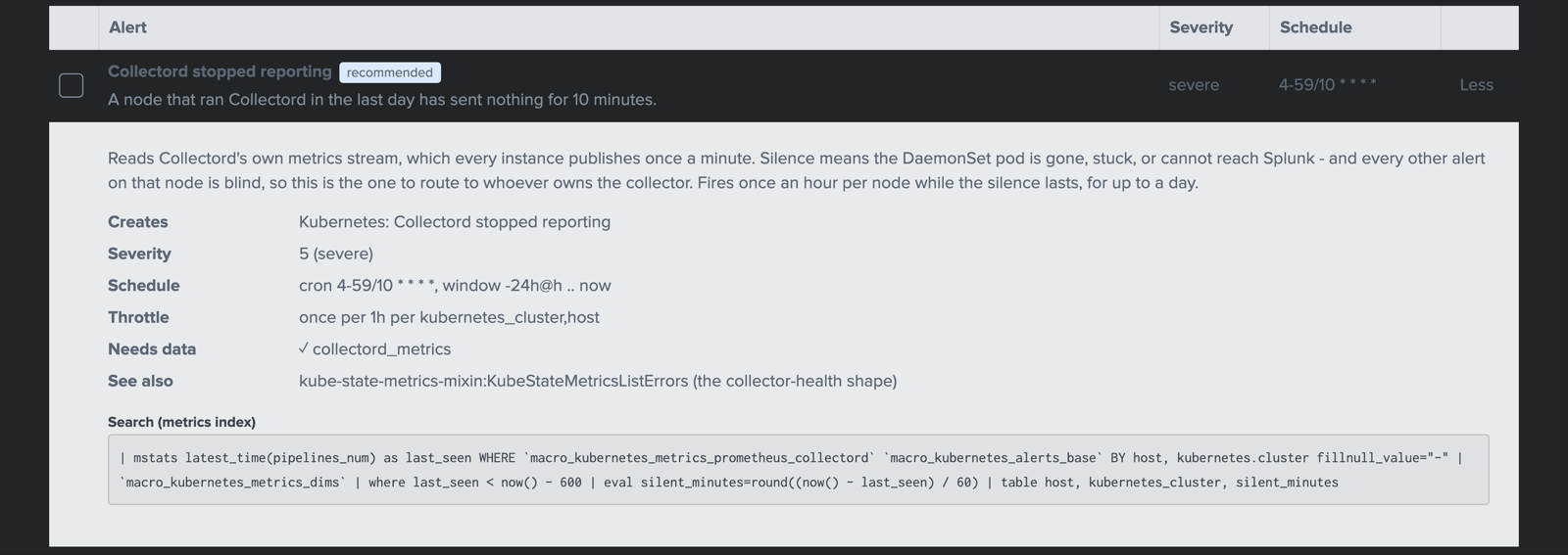 An Alert Catalog template expanded: Collectord stopped reporting, with its severity, schedule, throttle, the data it needs, and the search it runs against the metrics index