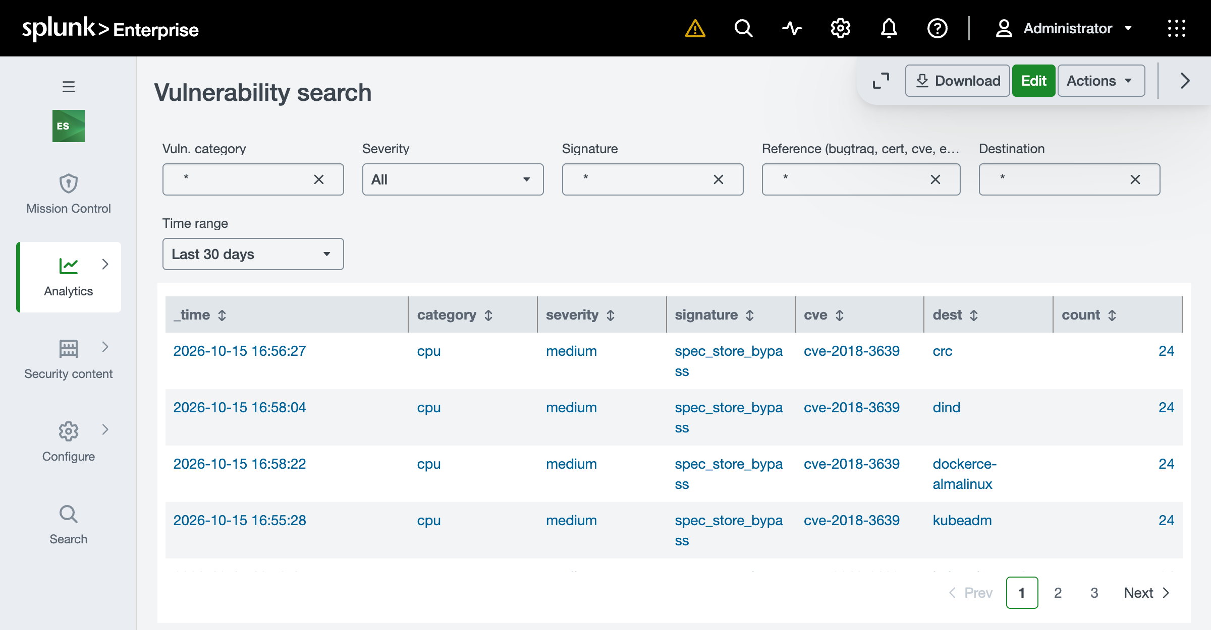 Enterprise Security's Vulnerability search over the last 30 days: CPU vulnerability records, category cpu and severity medium, for spec_store_bypass with CVE-2018-3639 on an OpenShift node, two Docker hosts and a Kubernetes node