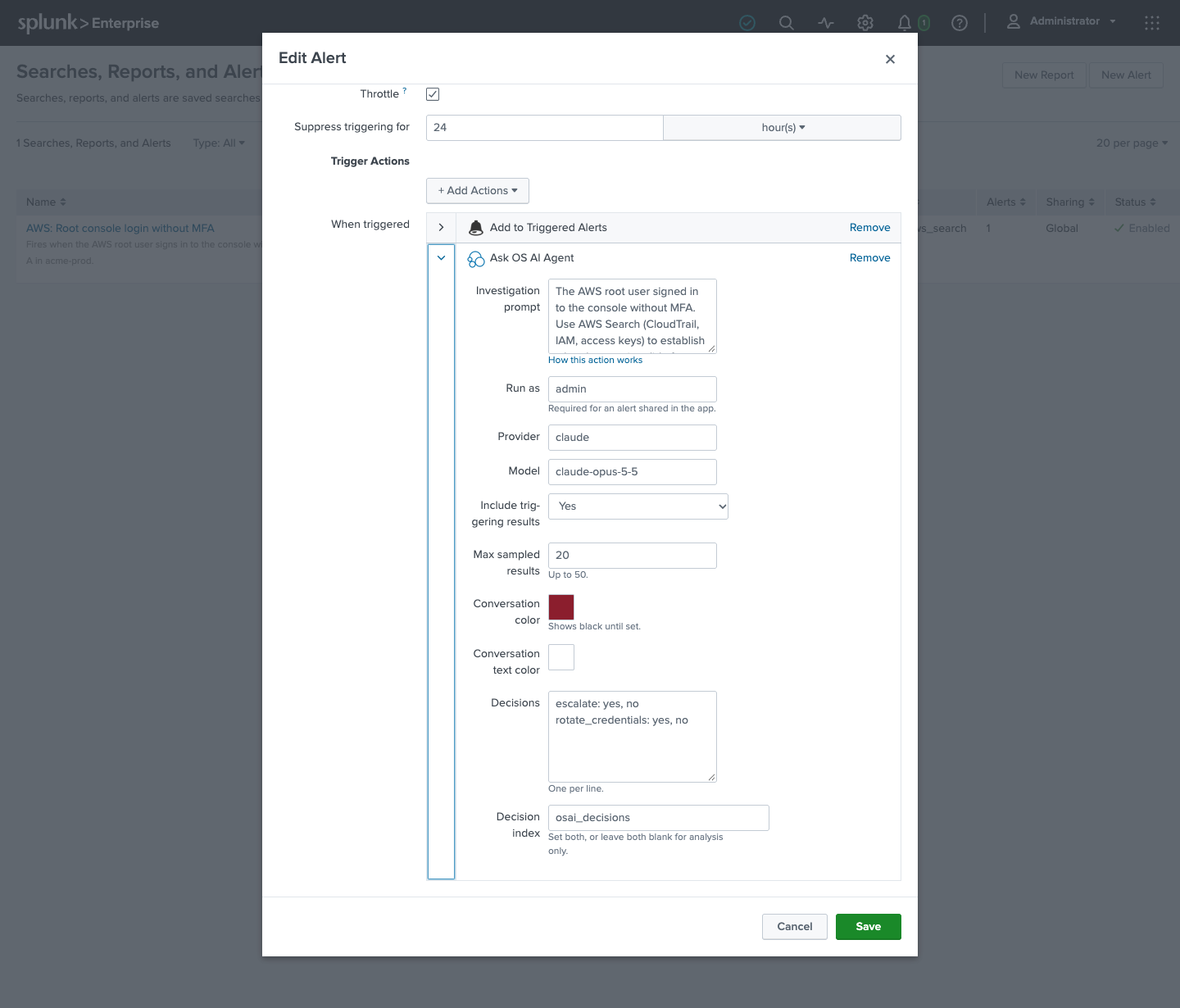 The Ask OS AI Agent action in Splunk’s Edit Alert dialog for the AWS: Root console login without MFA alert, with the investigation prompt, Run as, provider and model, a conversation color, two decisions - escalate and rotate_credentials - and the decision index