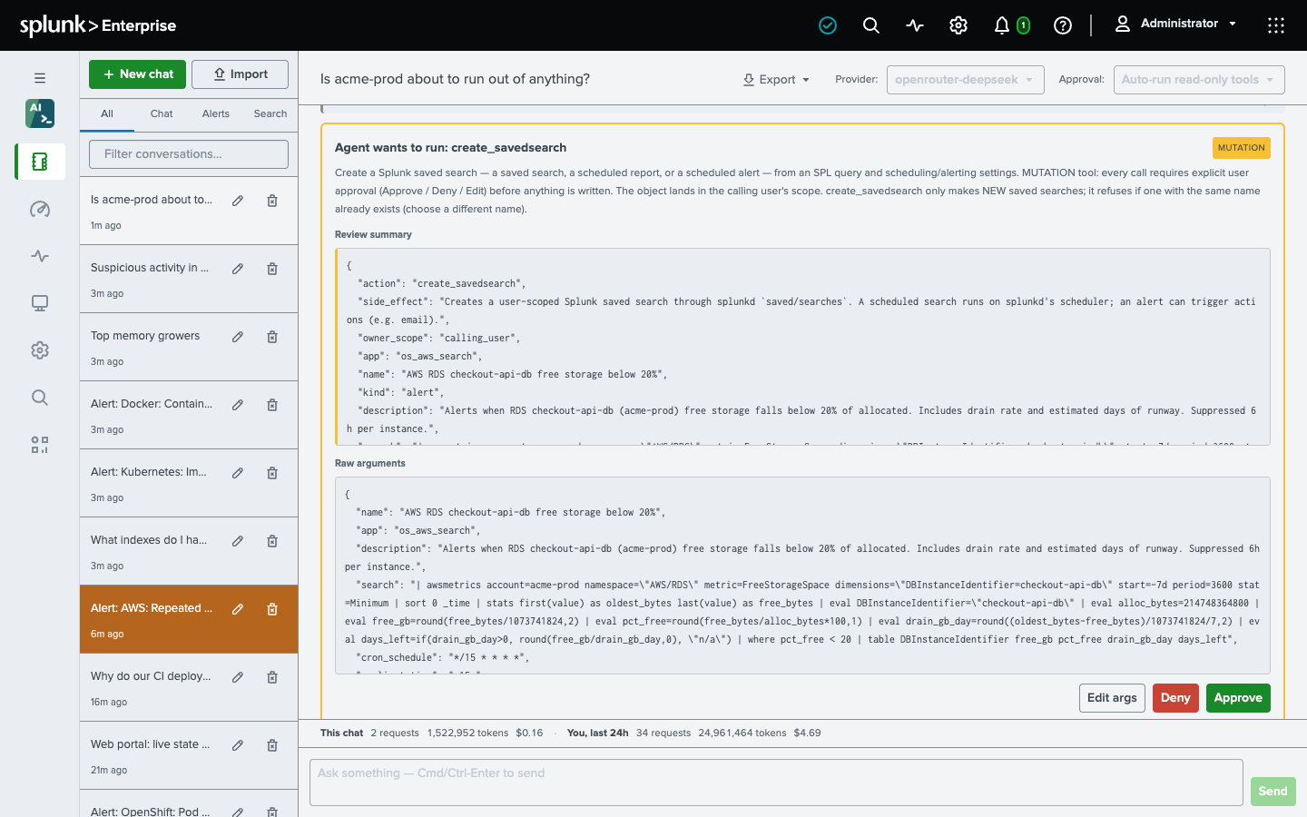 An approval card in Chat for create_savedsearch, marked as a mutation, with the review summary, the raw arguments, and the Edit args, Deny and Approve buttons