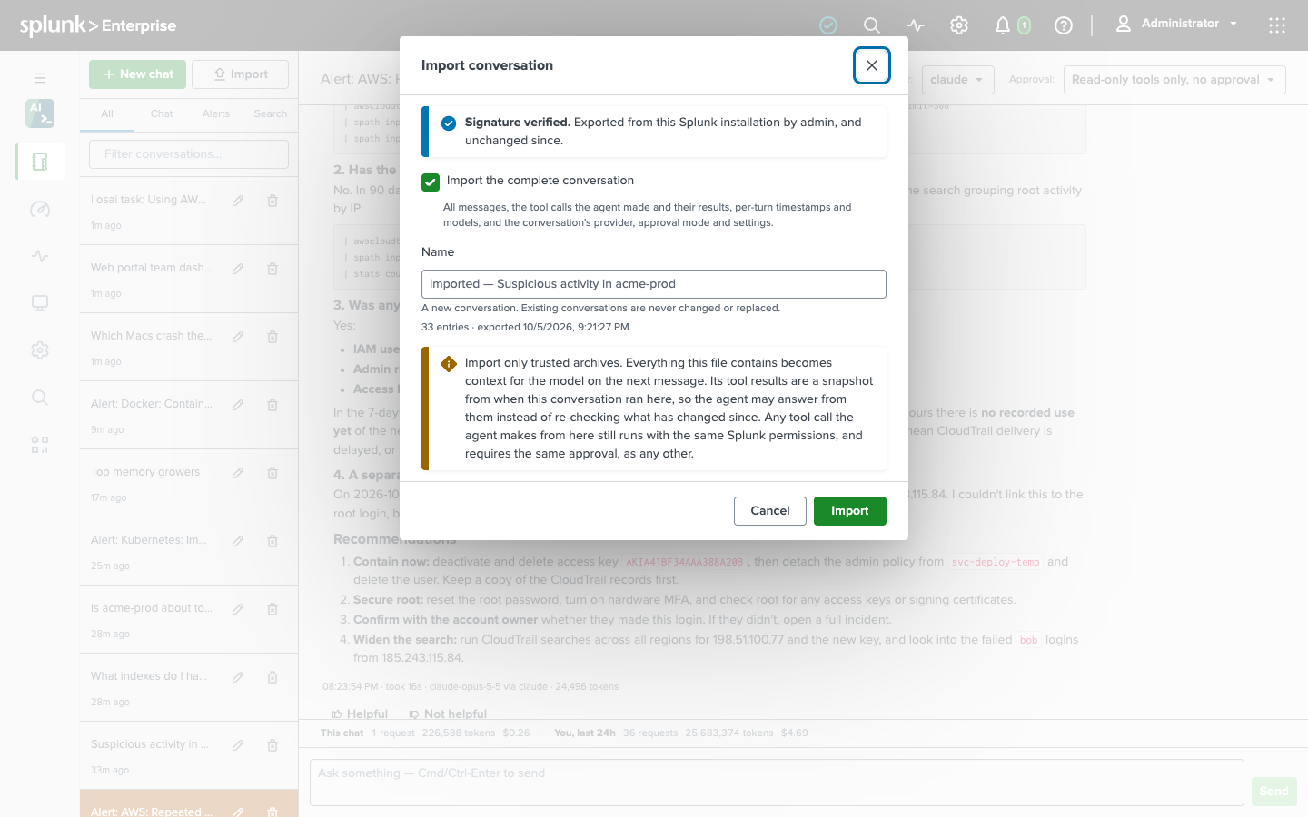 The Import conversation dialog reporting a verified signature from this installation, with the option to import the complete conversation, the new conversation’s name, and a warning to import only trusted archives