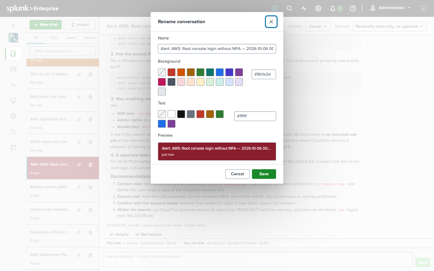 The Rename conversation dialog with the conversation’s name, background and text color palettes with hex values, and a preview of the colored sidebar row