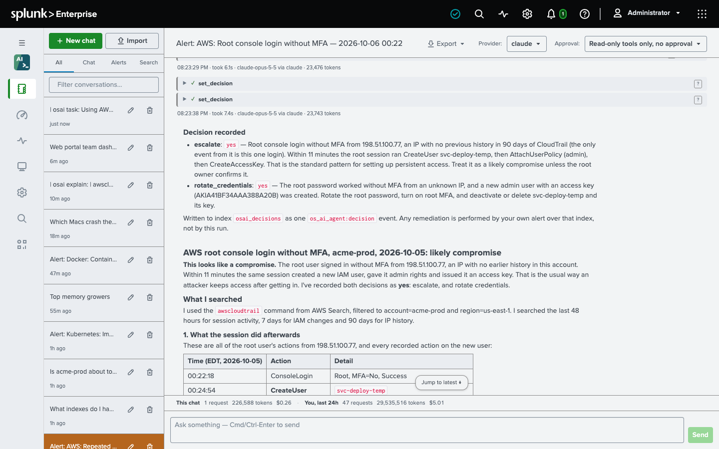 The Decision recorded note in an alert’s conversation, below two set_decision tool cards: escalate and rotate_credentials both answered yes with the agent’s reasons, written to the osai_decisions index as one os_ai_agent:decision event