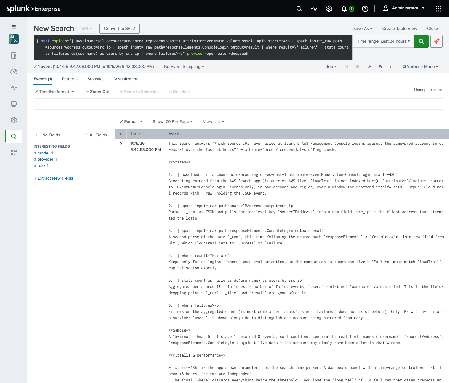 A Splunk search running | osai explain= on a Search for AWS CloudTrail search for failed console logins, with the explanation in the result event: what the search answers, then each stage in turn