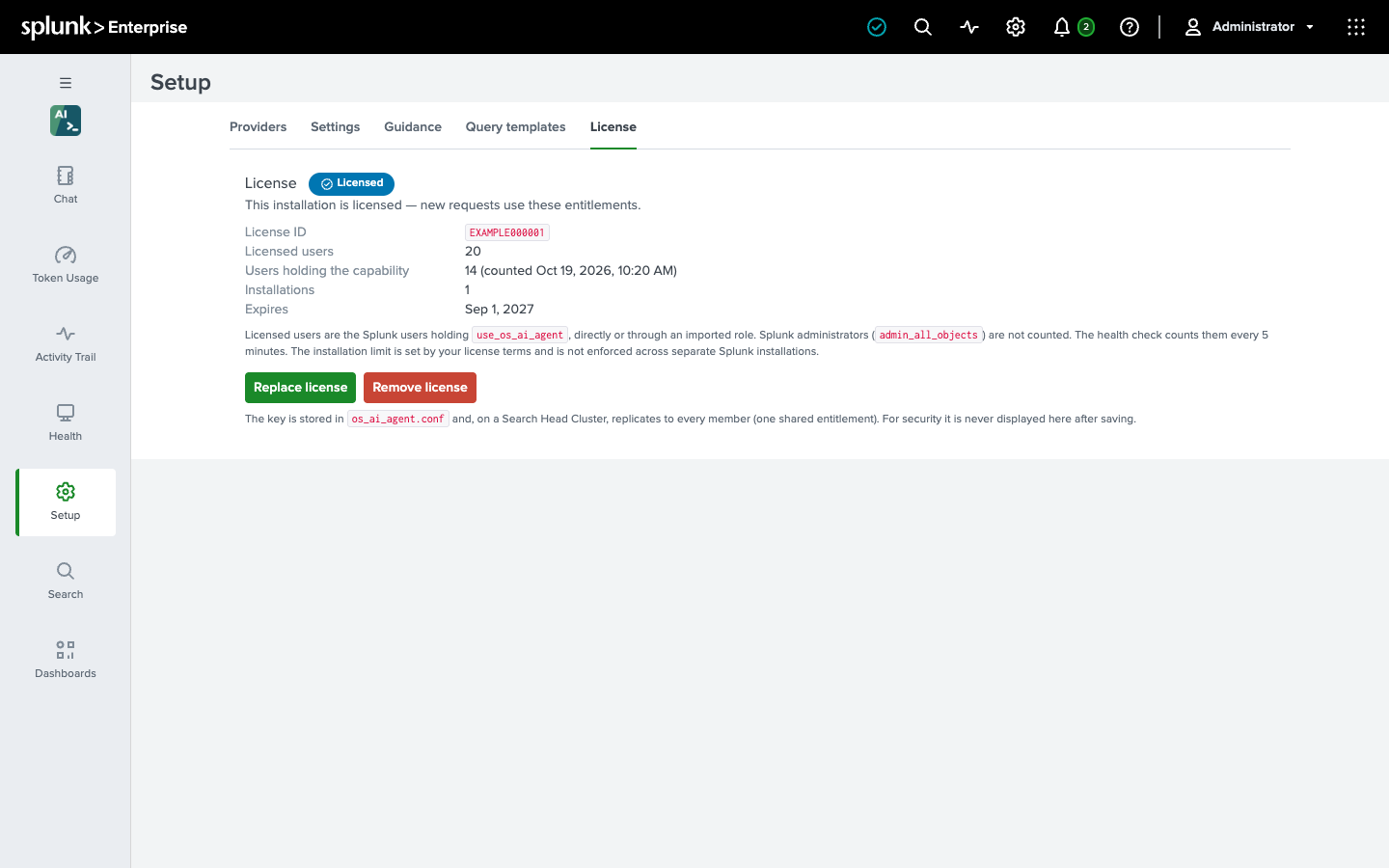 The License tab of the setup page with a Licensed badge, the license ID, the number of providers and installations allowed, the expiration date, and the Replace license and Remove license buttons