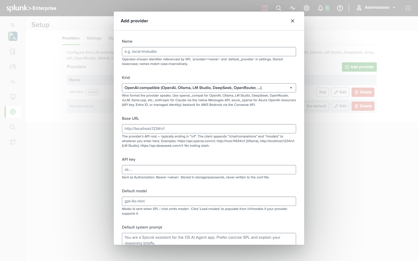 Adding a provider on the OS AI Agent setup page