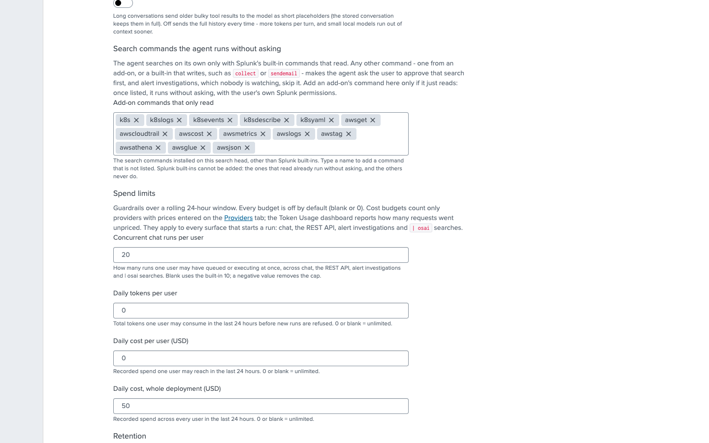 The Settings tab’s Search commands the agent runs without asking section, listing the Kubernetes Search and Search for AWS commands an administrator allowed, with the spend limits below it