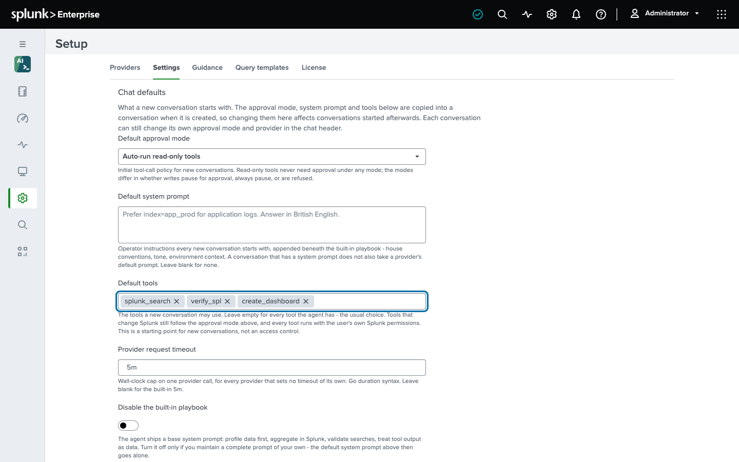 The Settings tab on the OS AI Agent setup page