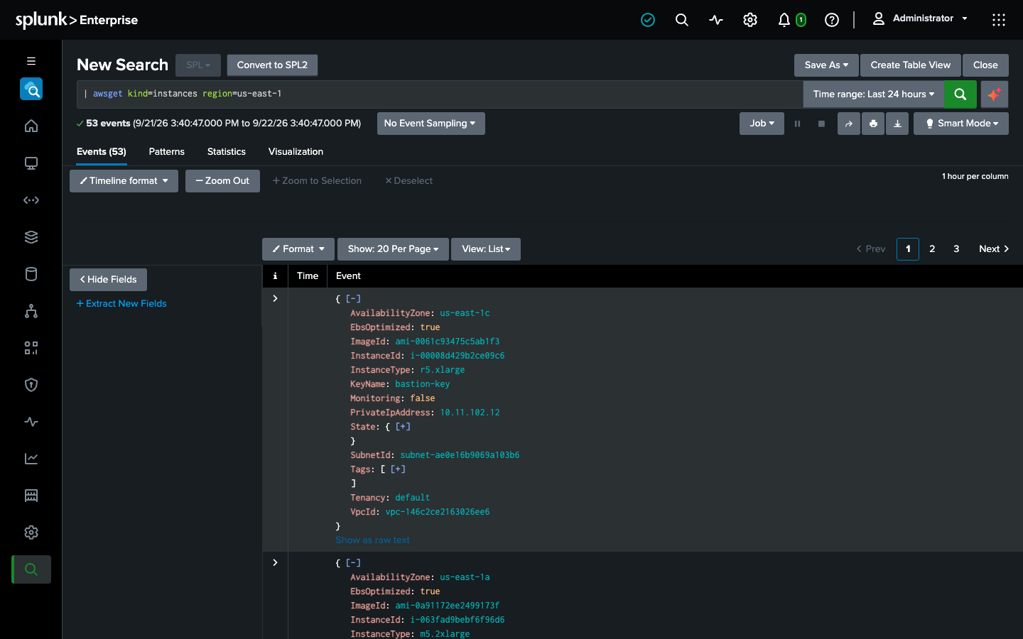 Running the awsget command in the Splunk search bar, returning live EC2 instances with their properties extracted as fields