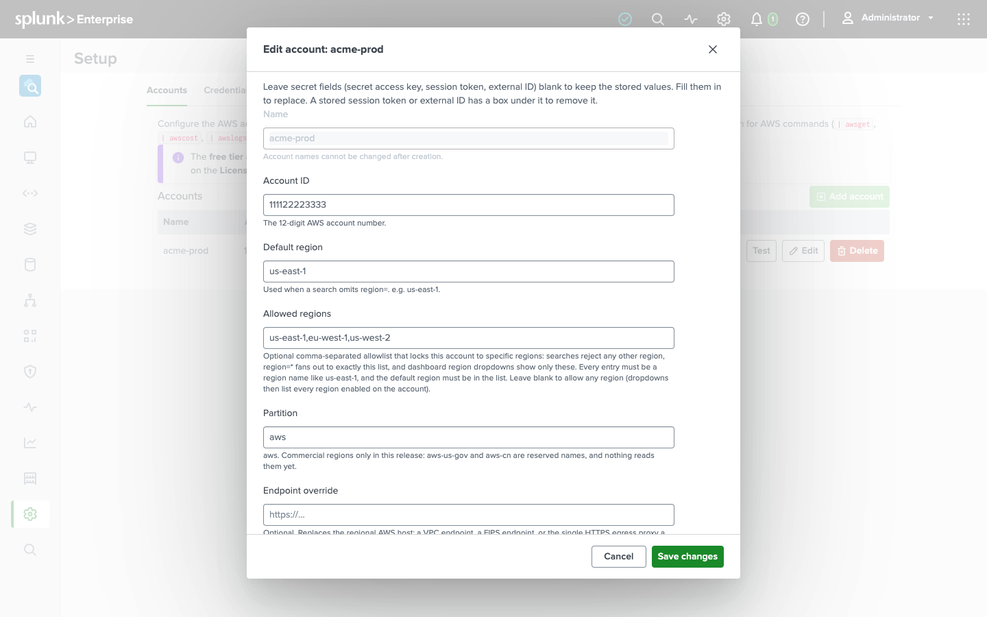 The account form on the Search for AWS setup page