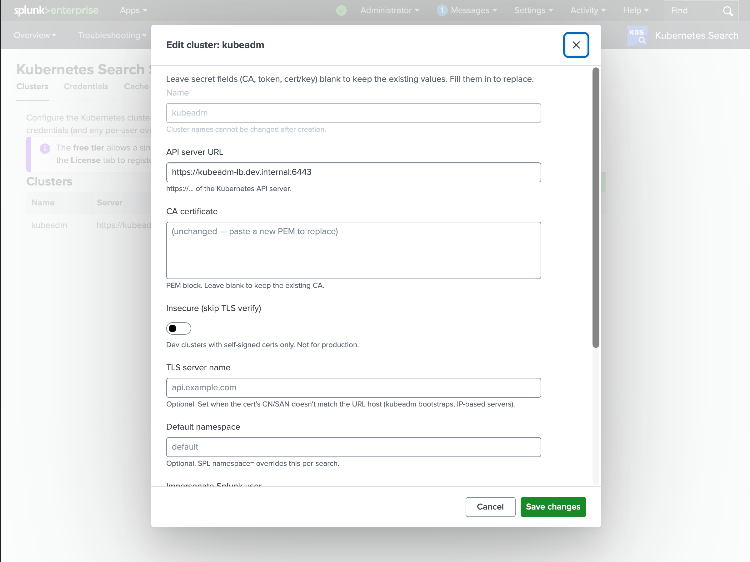 Registering a cluster on the Kubernetes Search setup page