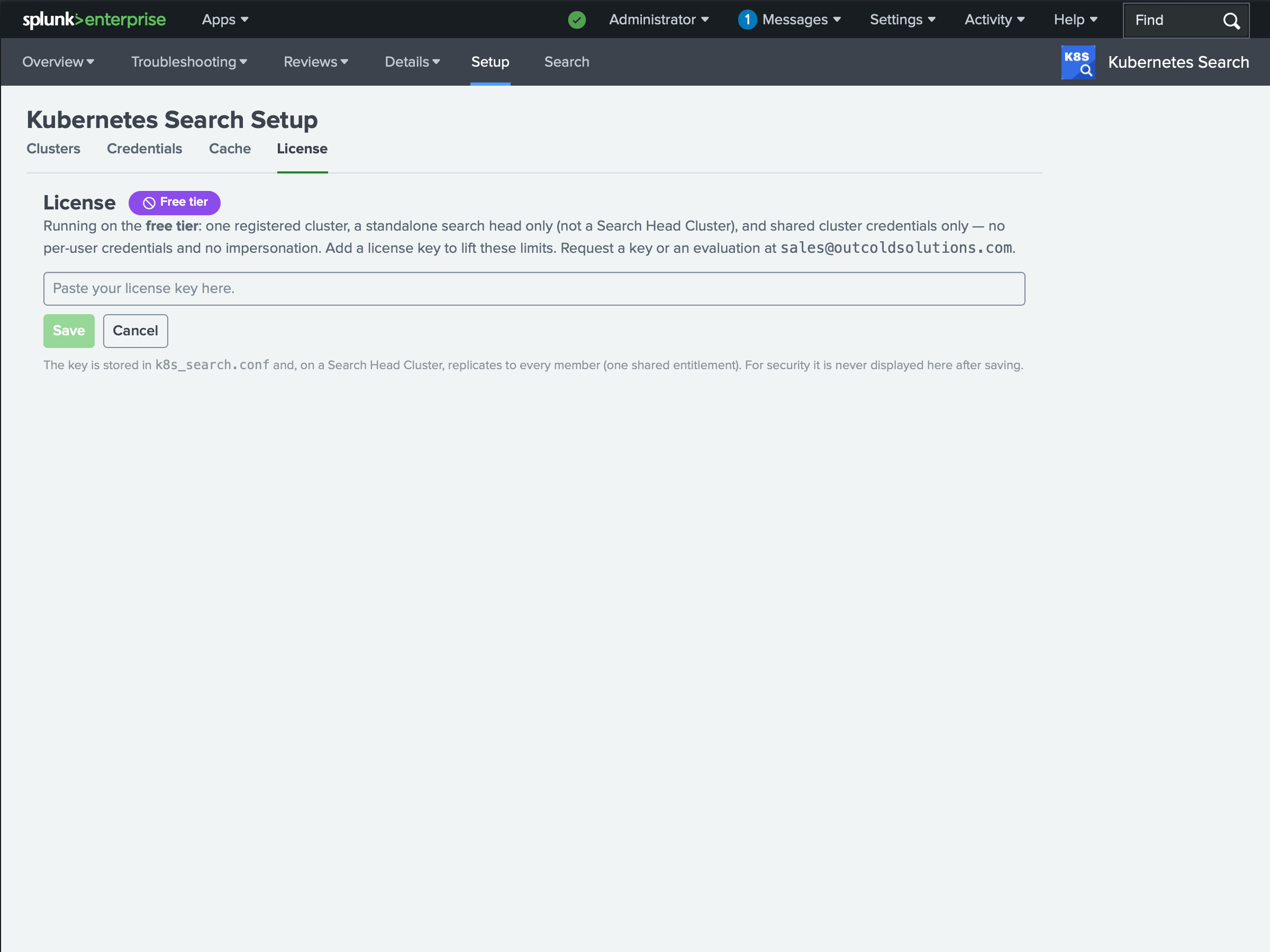 The License tab on the Kubernetes Search setup page