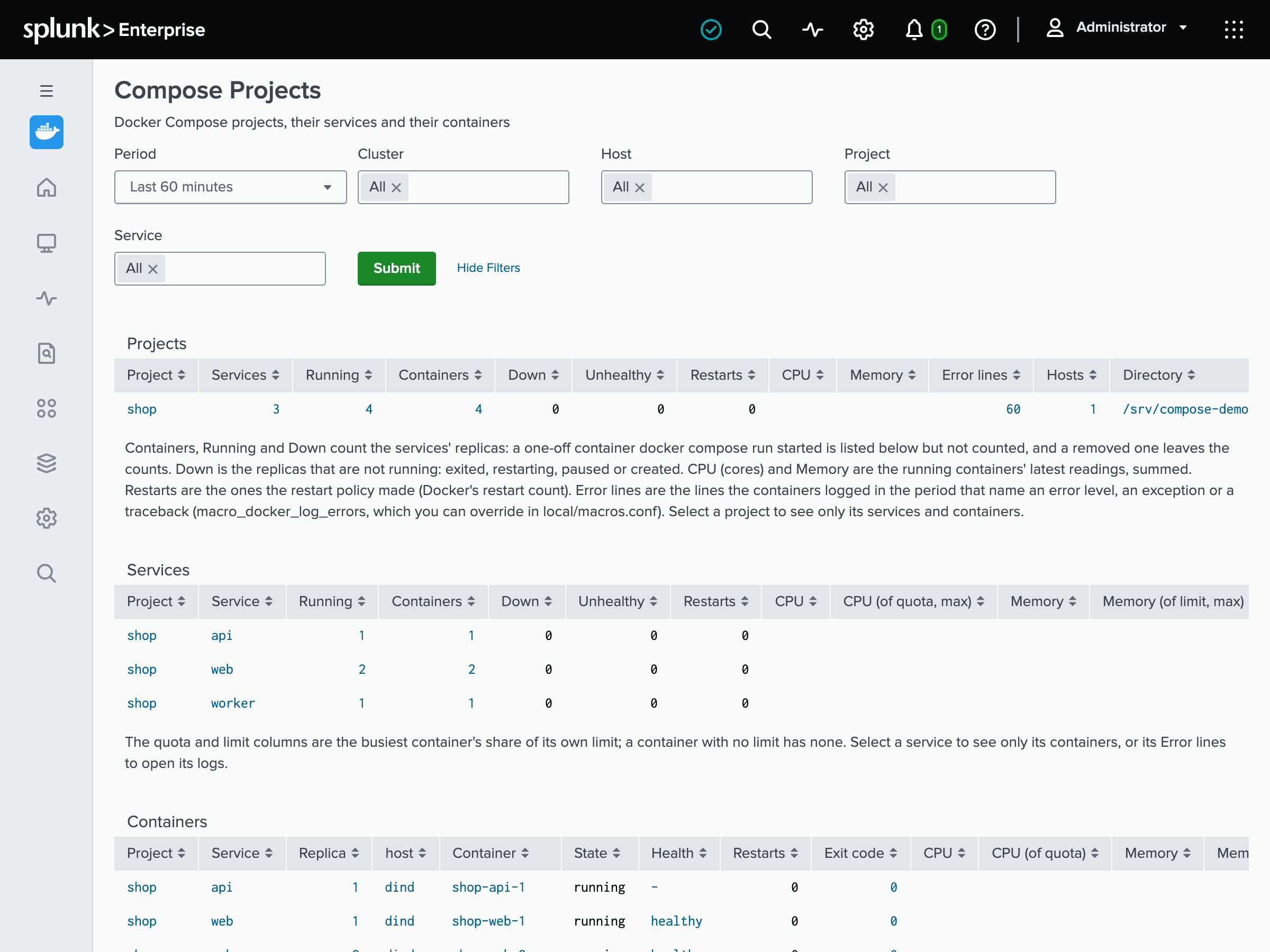 The Compose Projects page