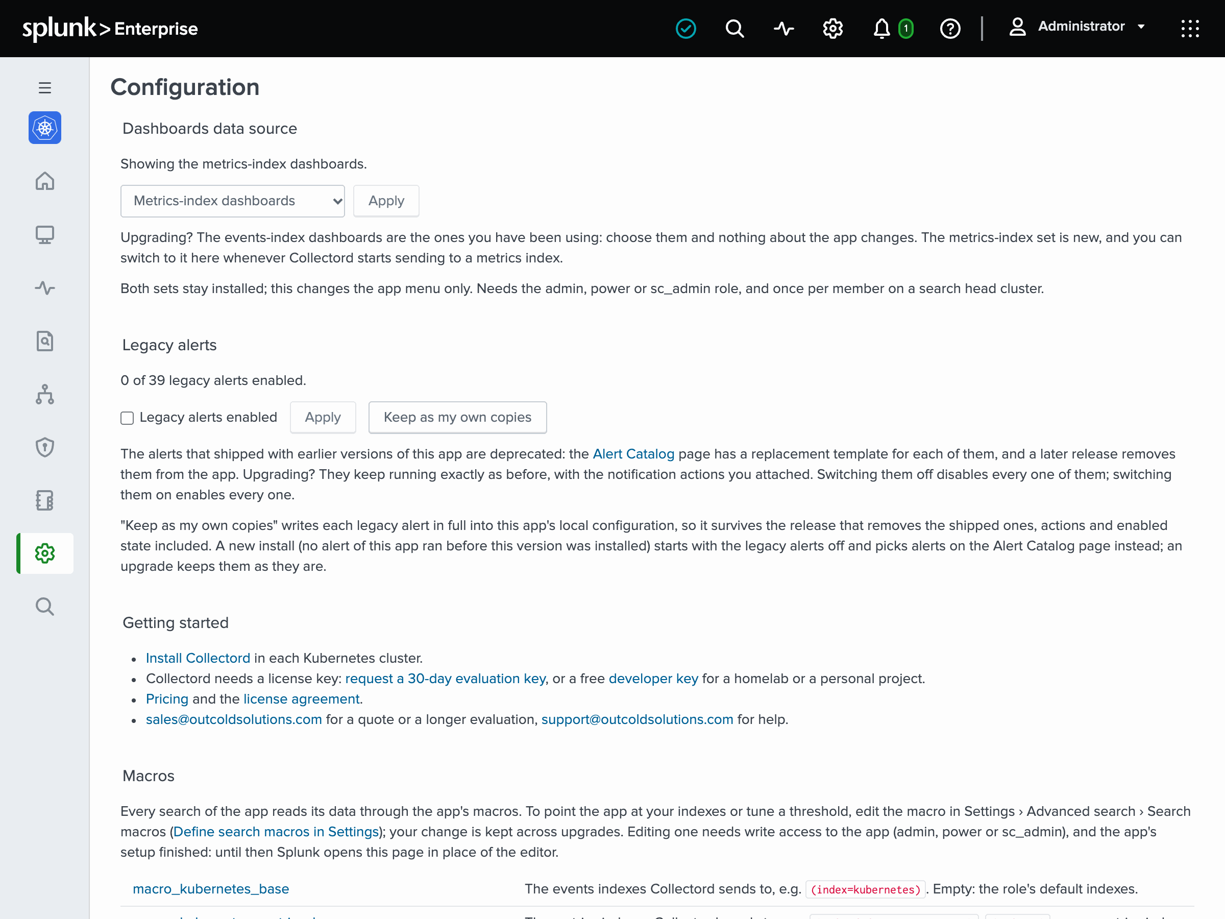 The Configuration page with the Dashboards data source picker